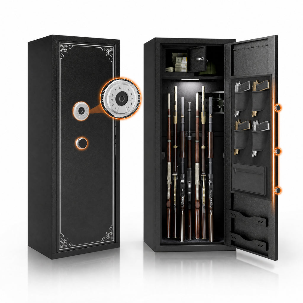 12 Gun Safe for Rifles and Pistols, Biometric Fingerprint Gun Cabinet with 3 Adjustable Racks & 4 Pistol Pockets, Quick Access Rifle Safe with Digital Keypad, Alarm & Silent Modes, 57' H Gun Locker