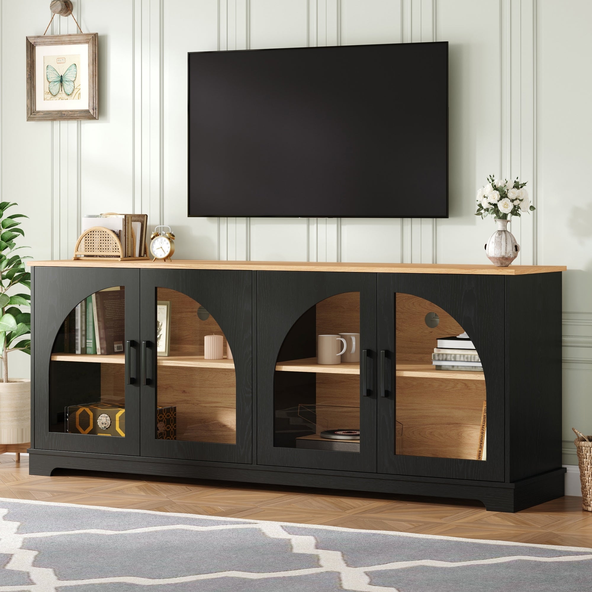 Farmhouse TV Stand with Semi-Arched Glass Doors for TVs Up to 70', Elegant Two-Tone Media Console with Adjustable Shelves, Wood Grain Sideboard with Cable Management for Living Room, Black+Natural