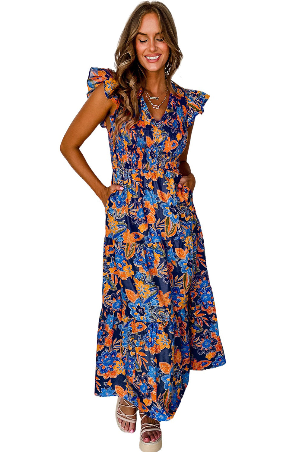 Dark Blue Boho Floral V Neck Ruffle Tiered Long Dress - Eloy Royal