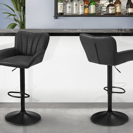 Barstool, Set Of 2, Swivel, Adjustable, Bar Height, Counter Height, Kitchen, Black Leather Look, Black Metal, Contemporary, Modern
