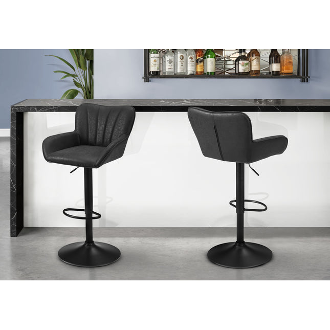 Barstool, Set Of 2, Swivel, Adjustable, Bar Height, Counter Height, Kitchen, Black Leather Look, Black Metal, Contemporary, Modern