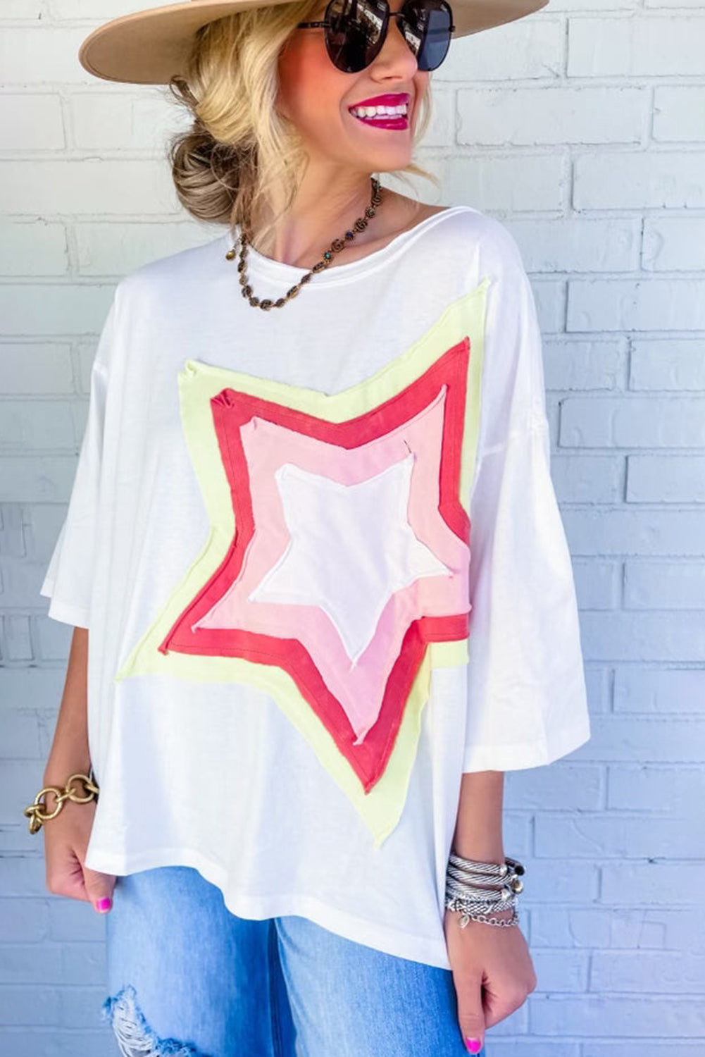 Light Pink Colorblock Star Patched Half Sleeve Oversized Tee - Eloy Royal