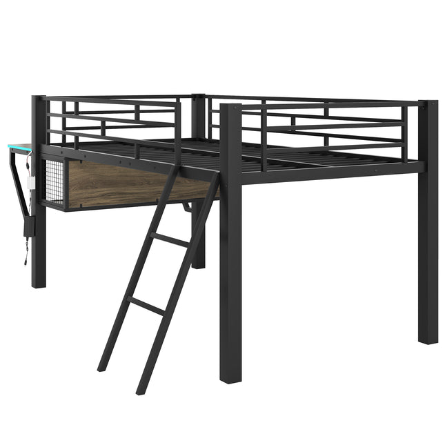 Gaming Mid Loft Bed with Desk and LED, Twin, Black MDF+Metal