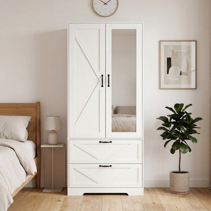 2 Door Wood Wardrobe with Hanging Clothing Rod inside the Cabinet and