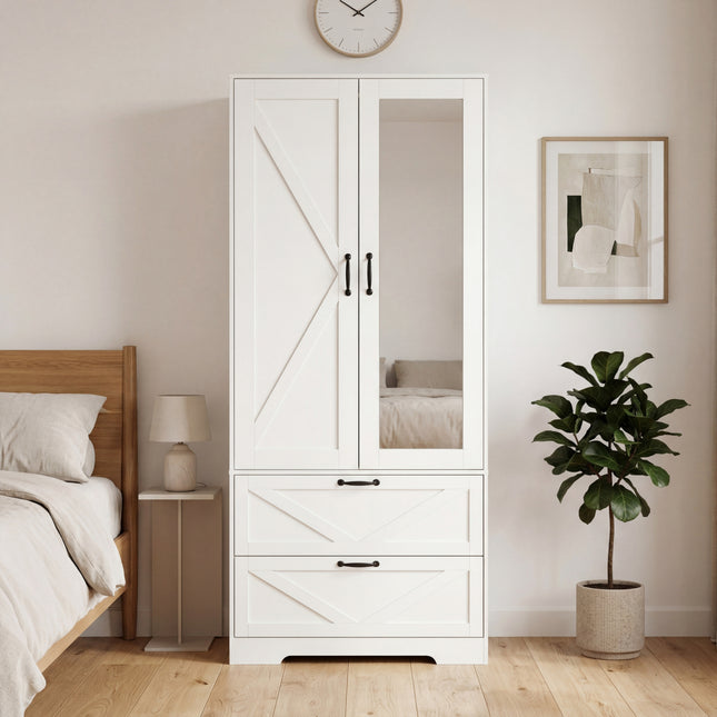 2 Door Wood Wardrobe with Hanging Clothing Rod inside the Cabinet and
