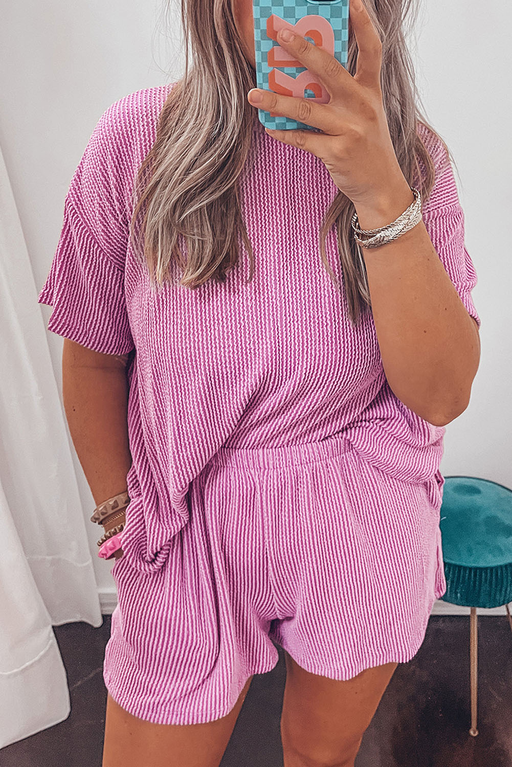 Phalaenopsis Ribbed Knit T Shirt and Shorts Plus Size Pajama Set - Eloy Royal