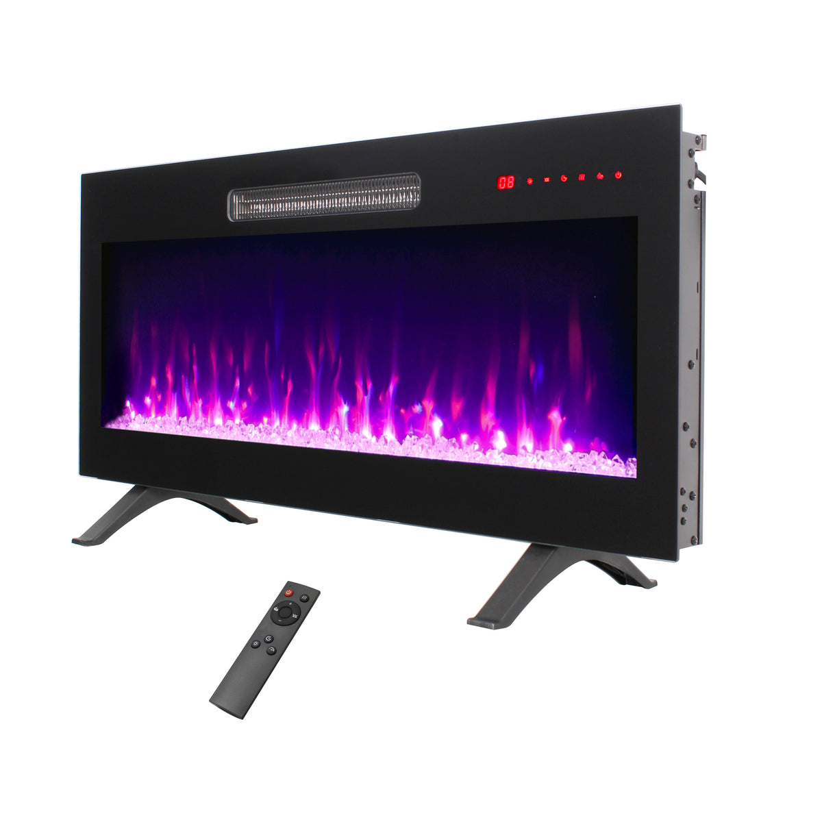 42 inch recessed ultra thin tempered glass front wall mounted electric fireplace with remote and multi color flame & emberbed, LED light heater