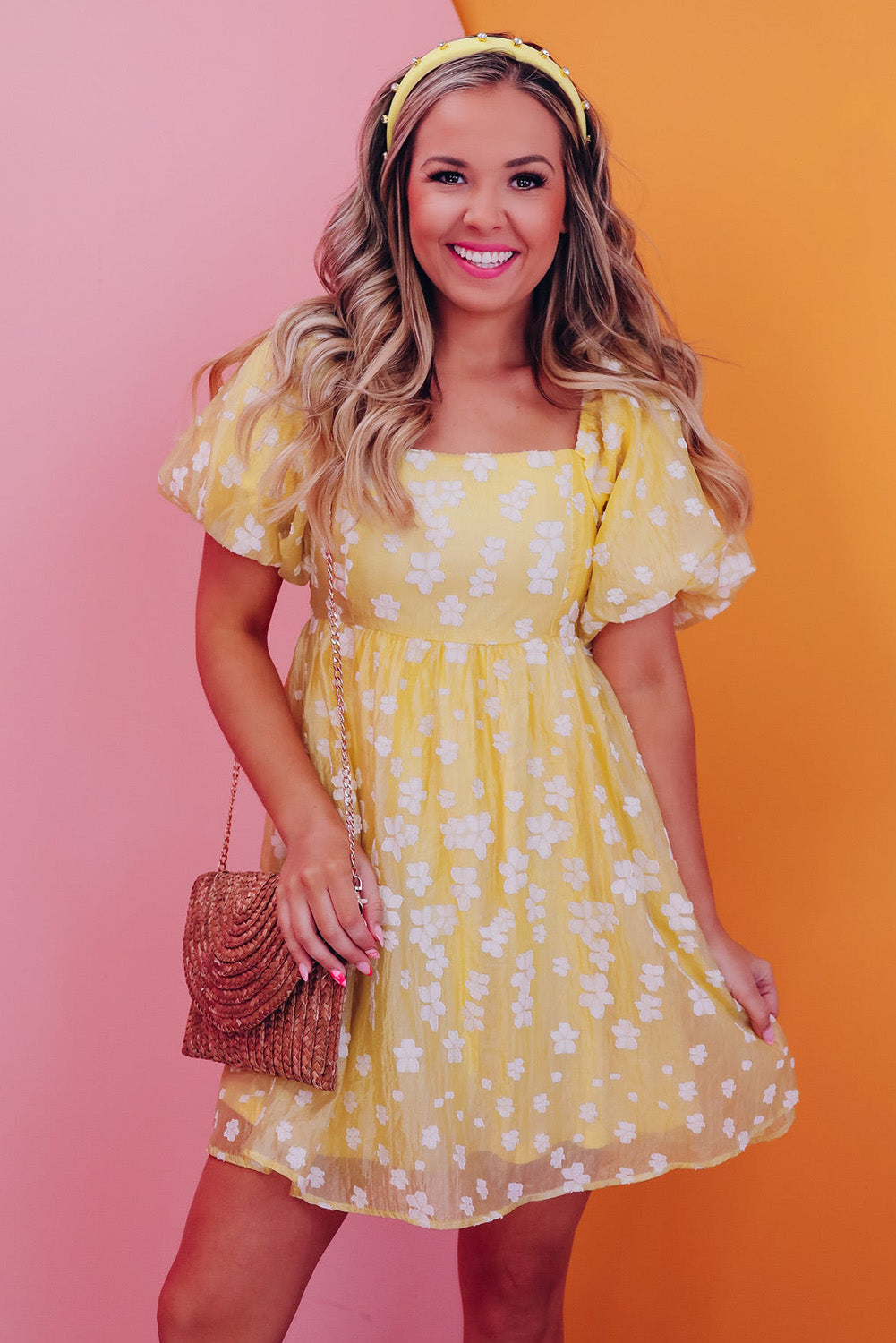 Yellow Boho Flower Jacquard Puff Sleeve Square Neck Mini Dress - Eloy Royal