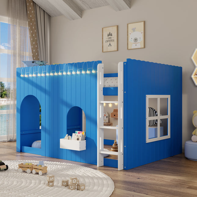 Full Size Kids Loft Bed with Warm LED Light String, Klein Blue