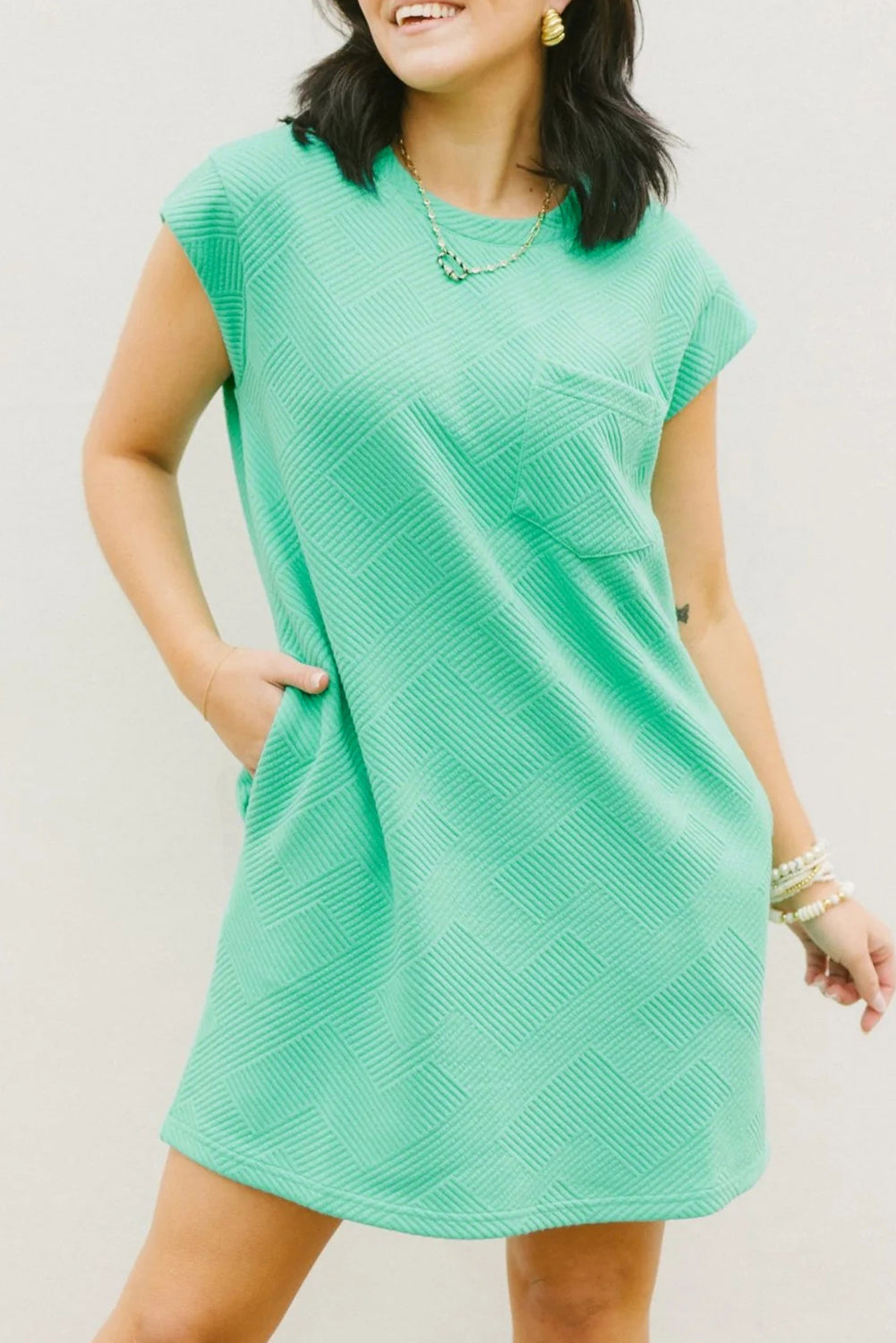 Mint Green Plain Textured Pocketed Mini Dress - Eloy Royal