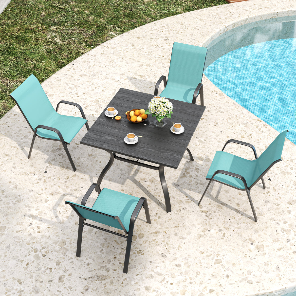 5-Piece Outdoor Patio Dining Set, Vintage Wood Grain Table with Umbrella Hole + 4 Ergonomic Stacking Chairs 350LB Capacity, Waterproof Textilene Fabric, for Garden Yard Balcony Patio Restaurant