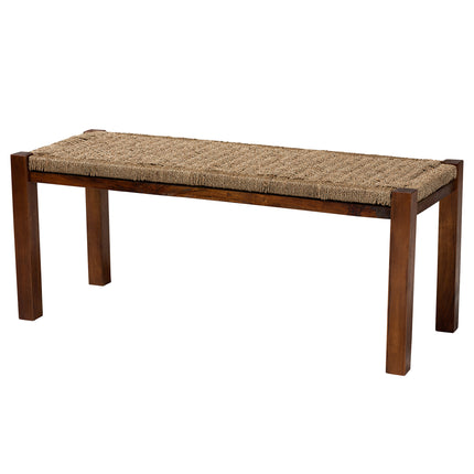 Mid-Century Modern Transitional Natural Seagrass and Mahogany Wood Bench