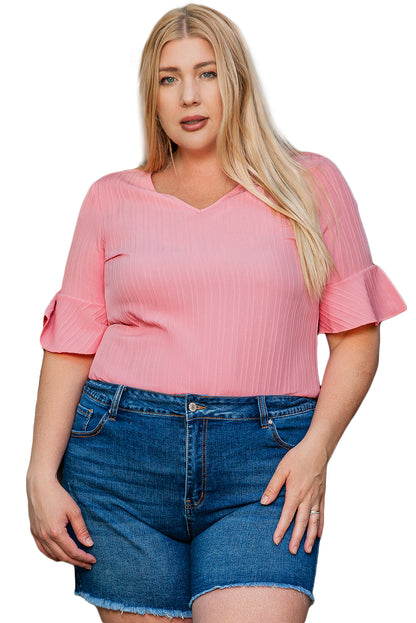 Peach Blossom Solid Color Textured V Neck Short Sleeve Plus Size Blouse - Eloy Royal