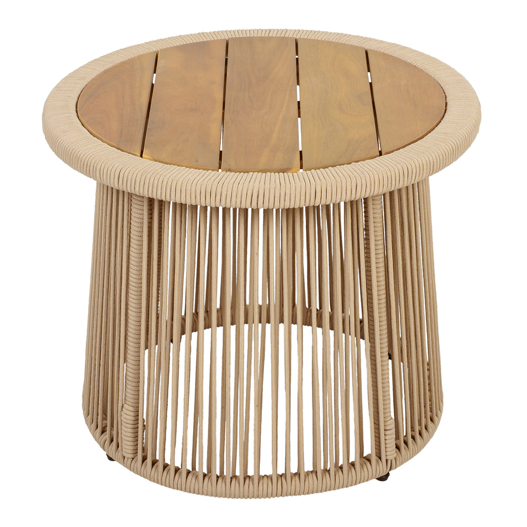 Conical Light Beige Rope Side Table with Teak Finish Acacia Wood Top, 150 lbs Capacity, No Assembly Required, Modern Open-Weave Round Accent Table for Patio Backyard Living Room