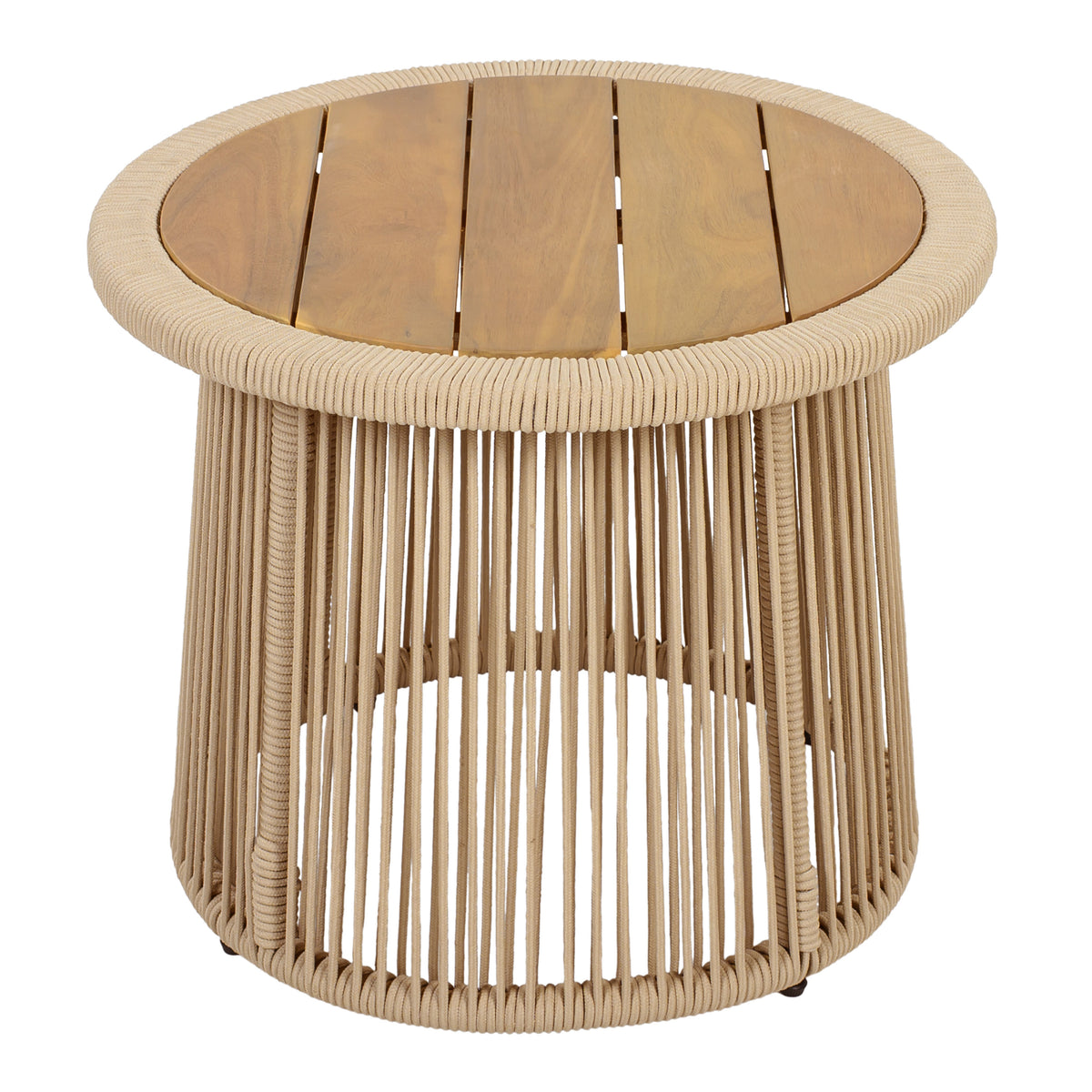 Conical Light Beige Rope Side Table with Teak Finish Acacia Wood Top, 150 lbs Capacity, No Assembly Required, Modern Open-Weave Round Accent Table for Patio Backyard Living Room