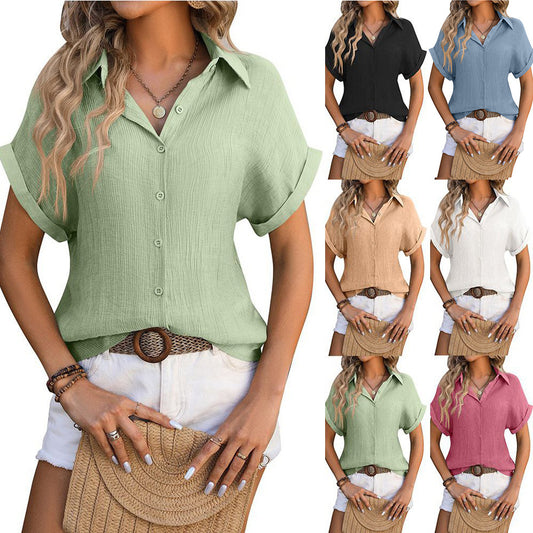 Lapel Button Short Sleeve Top Summer Casual Loose Pleated Shirt For Womens Clothing - Eloy Royal