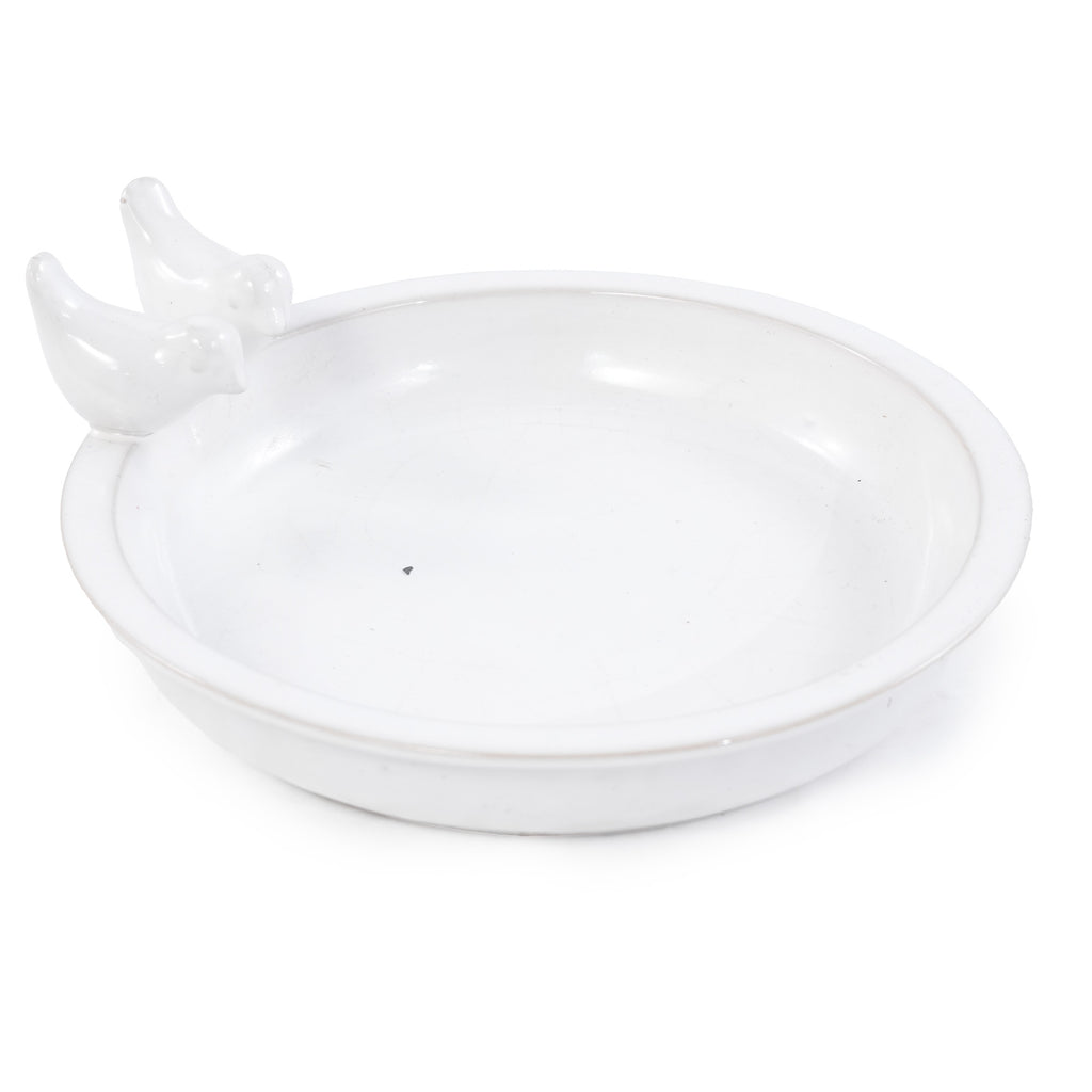 Handmade Ceramic Bird Bath, 11.8 Inch Glossy White Outdoor Bird Bath Bowl with Vintage Bird Ornaments, Garden Birdbath for Yard, Patio, Backyard Decor, Also Works as Wild Bird Waterer