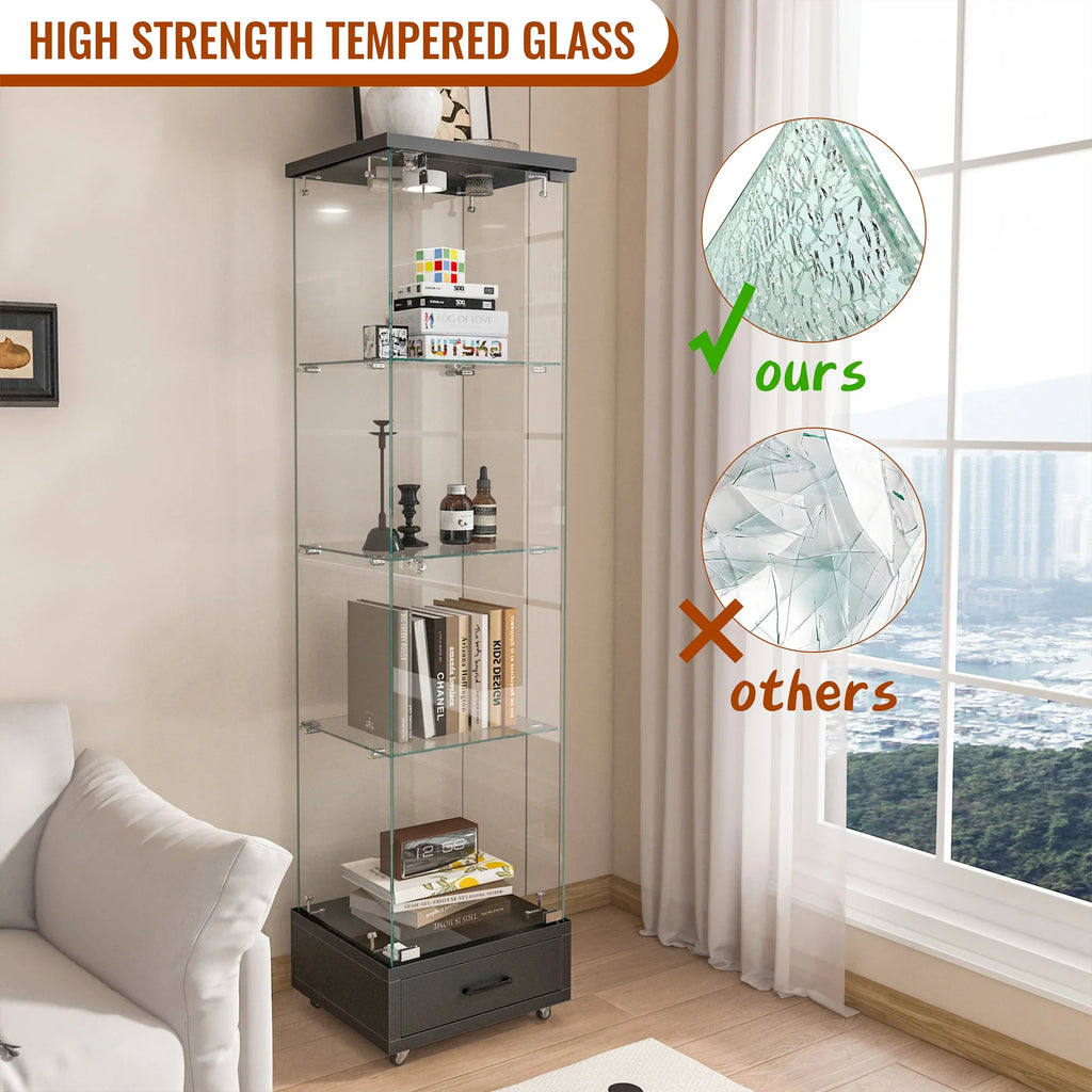 Modern Glass Display Cabinet with Drawer , Quick-assembly Antique Cabinet with LED lights, Tempered Glass Bookshelf, 1-Door Storage Case with 4 Shelves for Living Room and Bedroom, black - Eloy Royal