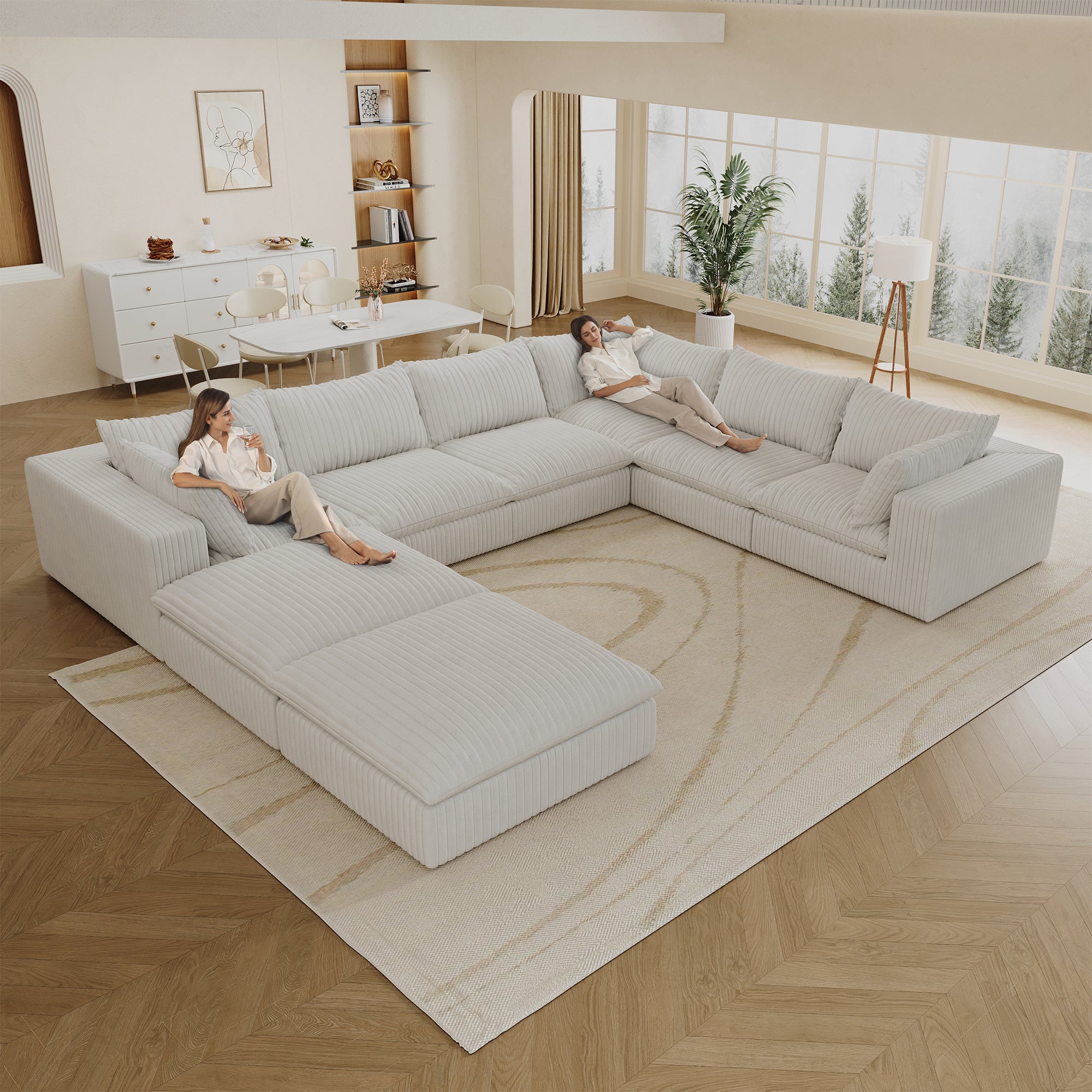 157.6' Cloud Sofa,Corduroy Fabric,Deep Seat Couches,Double-layer design,Removable  Cushion,No Assembly, DIY Combination for Living room, Bedroom,Conference room ,Apartment,White