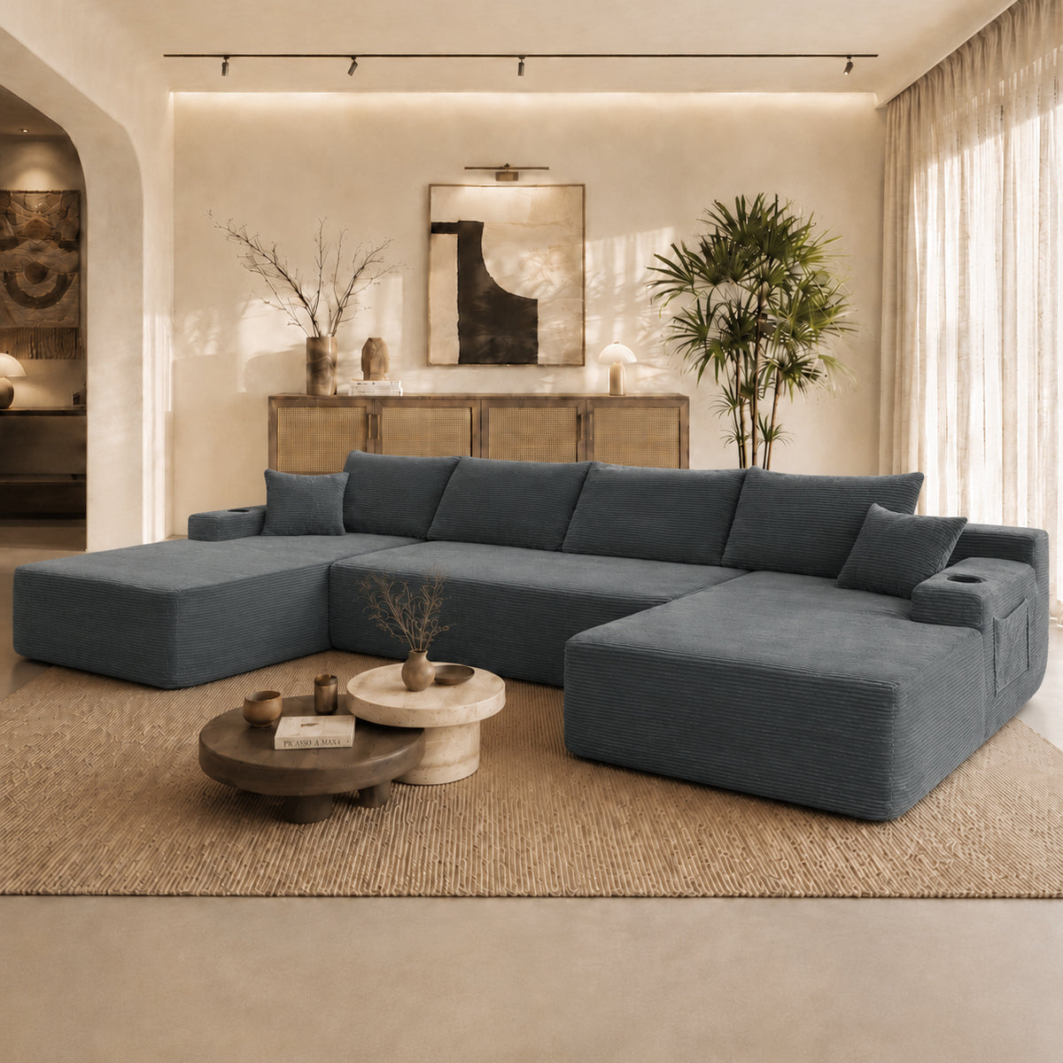 126' Cloud Sectional Sofa with U-Shape Chaise and Side Pockets and Cup holder , Modern Modular Design, Deep Seating, Upholstered Couch for Living Room/Bedroom, No Assembly Required (Corduroy)grey