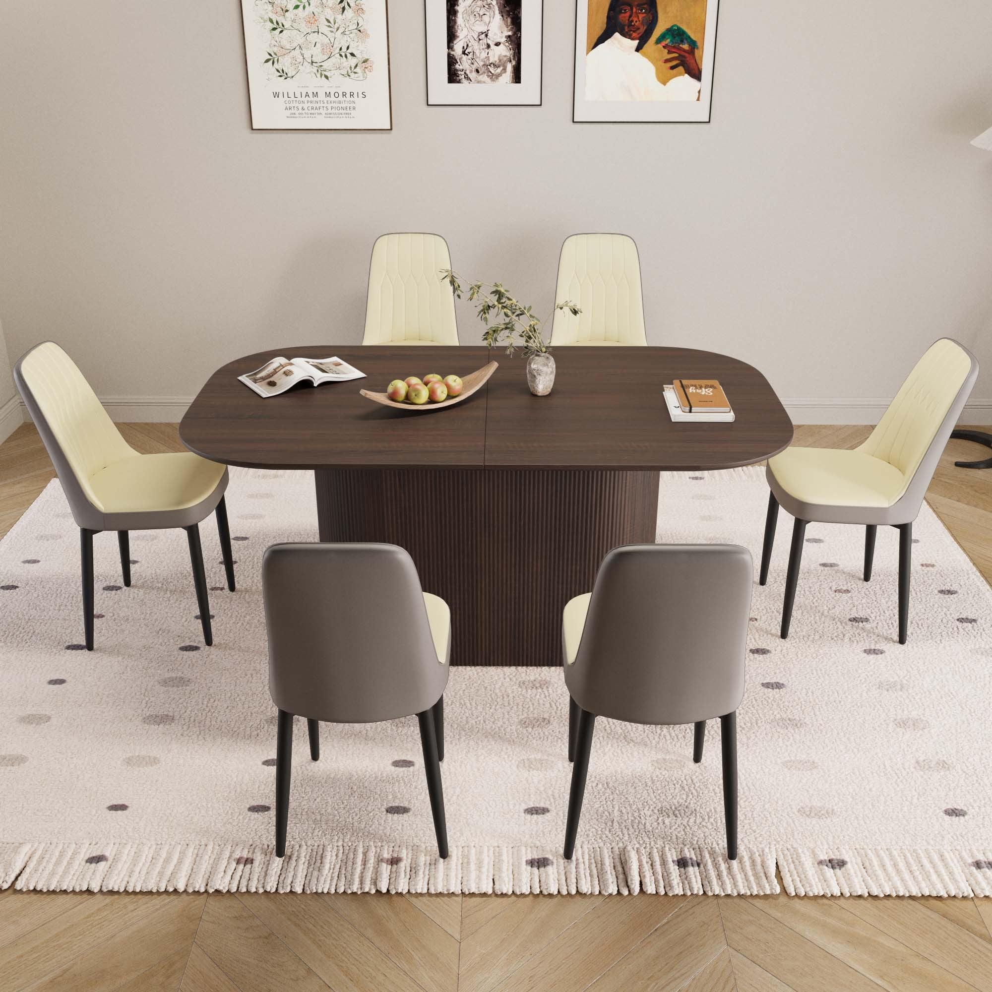 63 'medieval modern brown style MDF dining table and PU dining chair set 6. Assemble Desktop and black metal leg dining chair set, suitable for home&kitchen