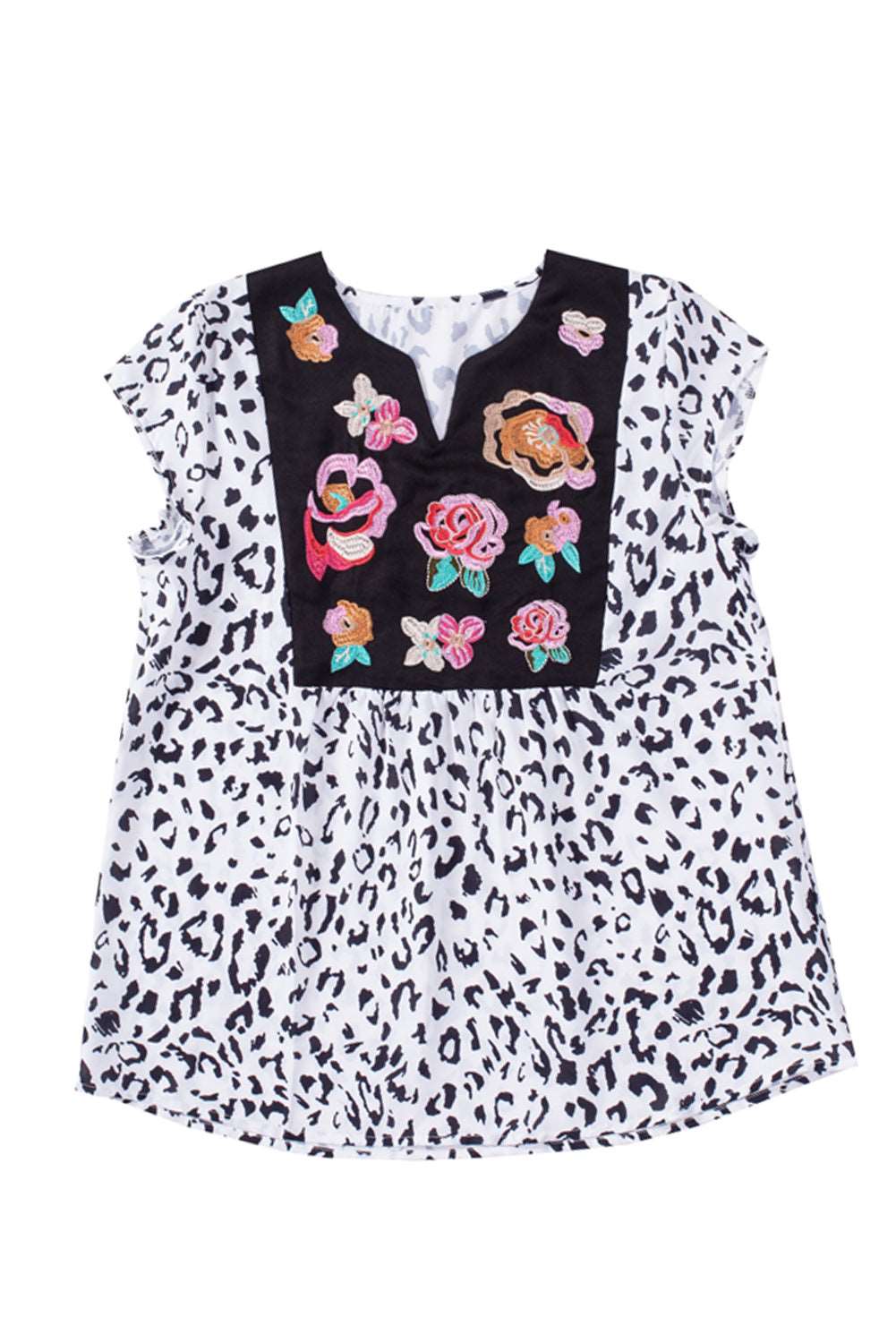 Black & White Animal Print Flower Embroidered Tunic Short Sleeve Top