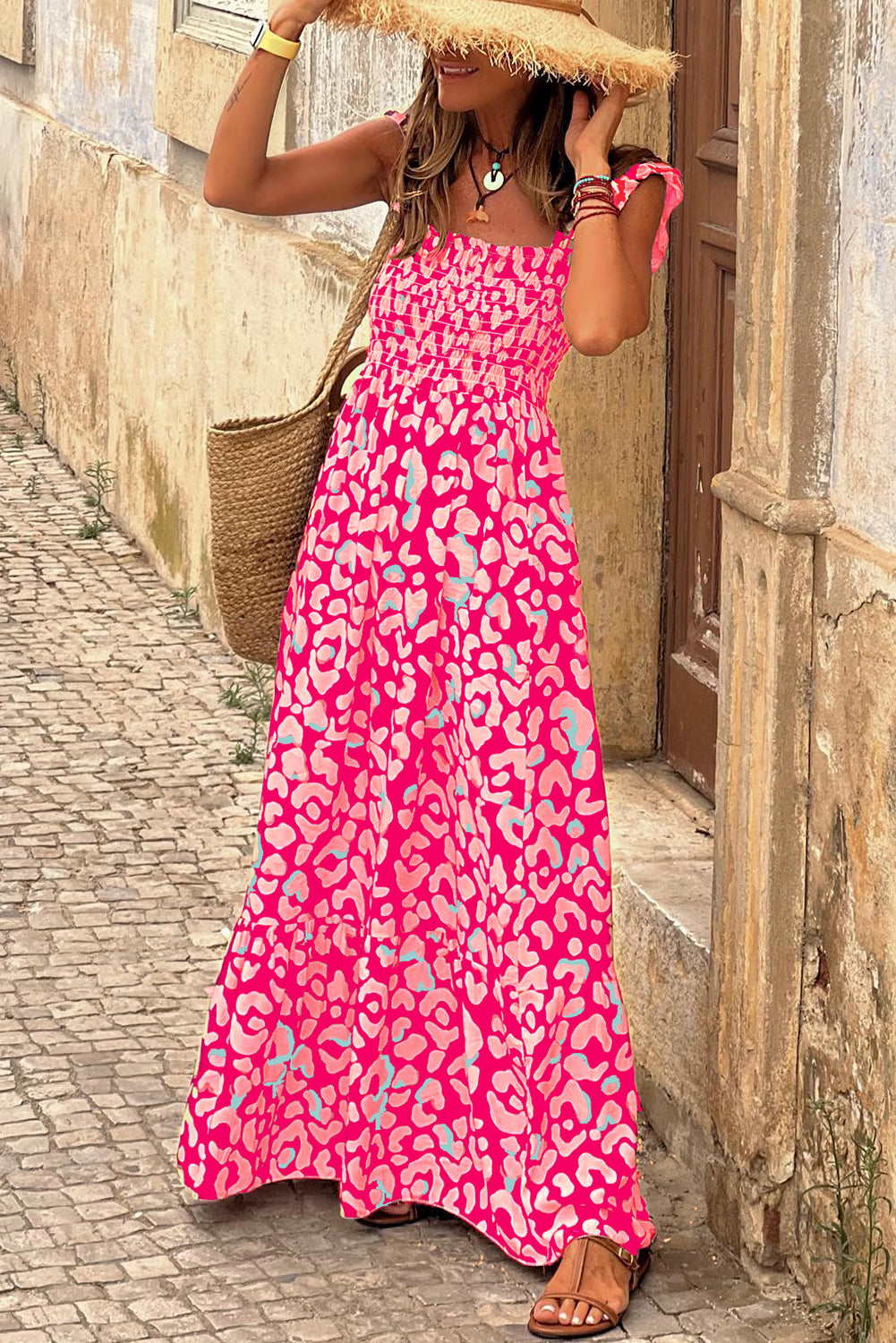 Rose Leopard Ruffle Straps Smocked High Waist Maxi Dress - Eloy Royal