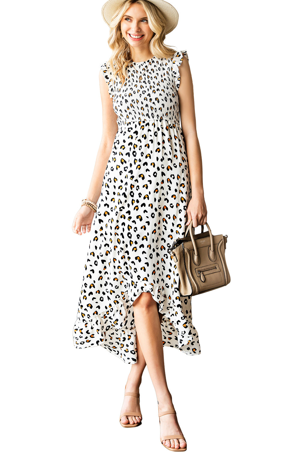 White Smocked Sleeveless High Low Leopard Print Dress - Eloy Royal