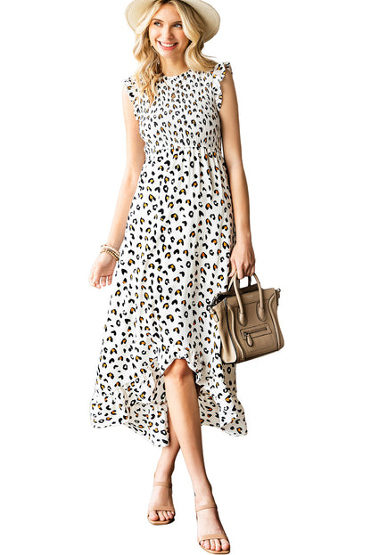 White Smocked Sleeveless High Low Leopard Print Dress - Eloy Royal