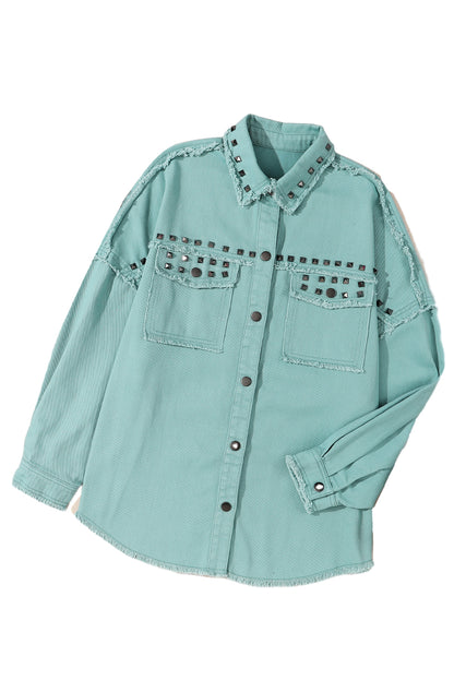 Wholesale Green Frayed Trim Vintage Rivet Denim Jacket - Eloy Royal