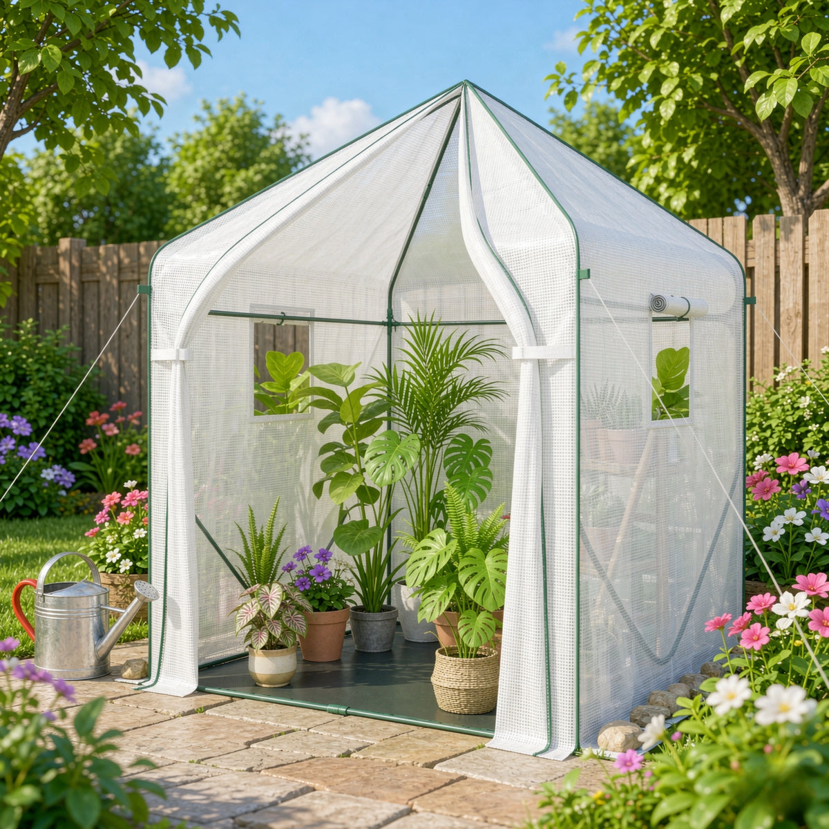 Walk‑in Greenhouse 63'x63'x78.7', Steel Frame Greenhouse with PE Cover, Roll‑Up Door and 3 Mesh Windows
