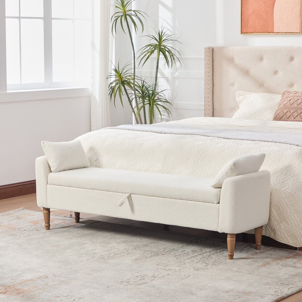 65.94' Wide Modern Upholstered  Boucle fabric Storage Bench, Bed End Foot Stool With Armrest&2 Bolster  Pillows, Bench Daybed With Rubberwood Legs For Living Room, Entryway, Dormitory, Bedroom, Ivory