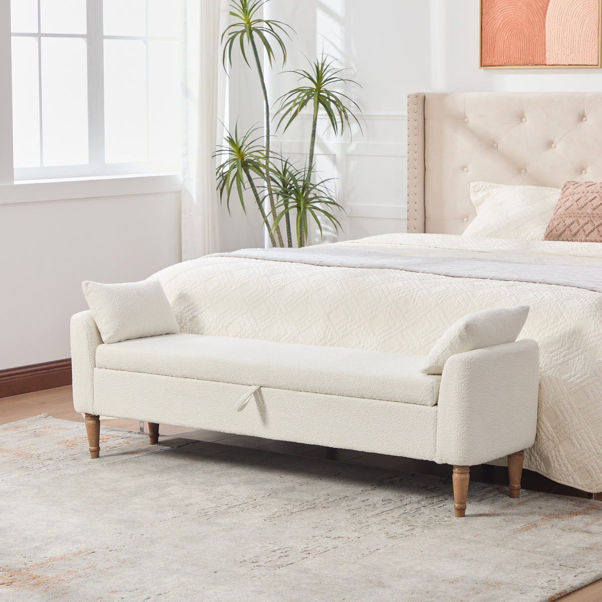 65.94' Wide Modern Upholstered  Boucle fabric Storage Bench, Bed End Foot Stool With Armrest&2 Bolster  Pillows, Bench Daybed With Rubberwood Legs For Living Room, Entryway, Dormitory, Bedroom, Ivory