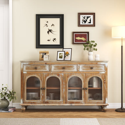 59.06' Farmhouse Sideboard Buffet Cabinet, Distressed Wood Credenza with 3 Drawers & 4 Glass Doors, Rustic Storage Cabinet with Shelves for Kitchen, Dining Room, Living Room, Antique Brown & White