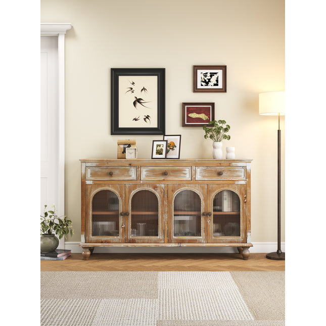 59.06' Farmhouse Sideboard Buffet Cabinet, Distressed Wood Credenza with 3 Drawers & 4 Glass Doors, Rustic Storage Cabinet with Shelves for Kitchen, Dining Room, Living Room, Antique Brown & White