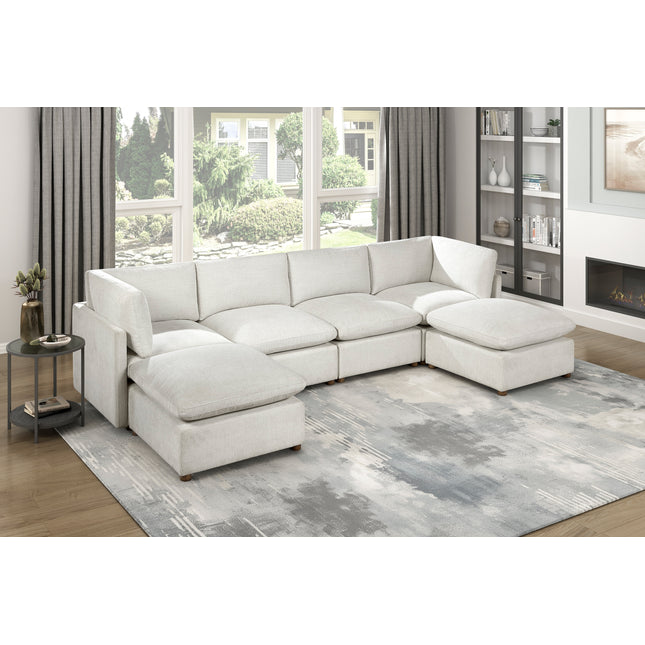 Modern Beige 6-Piece Modular Sectional with Two Ottoman Upholstered Durable Solid Wood Living Room Furniture L-Shape Sofa