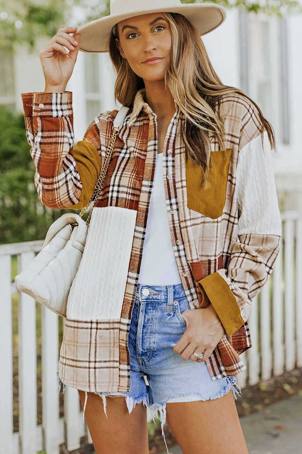 Orange Plaid Color Block Patchwork Pocket Shirt Shacket - Eloy Royal