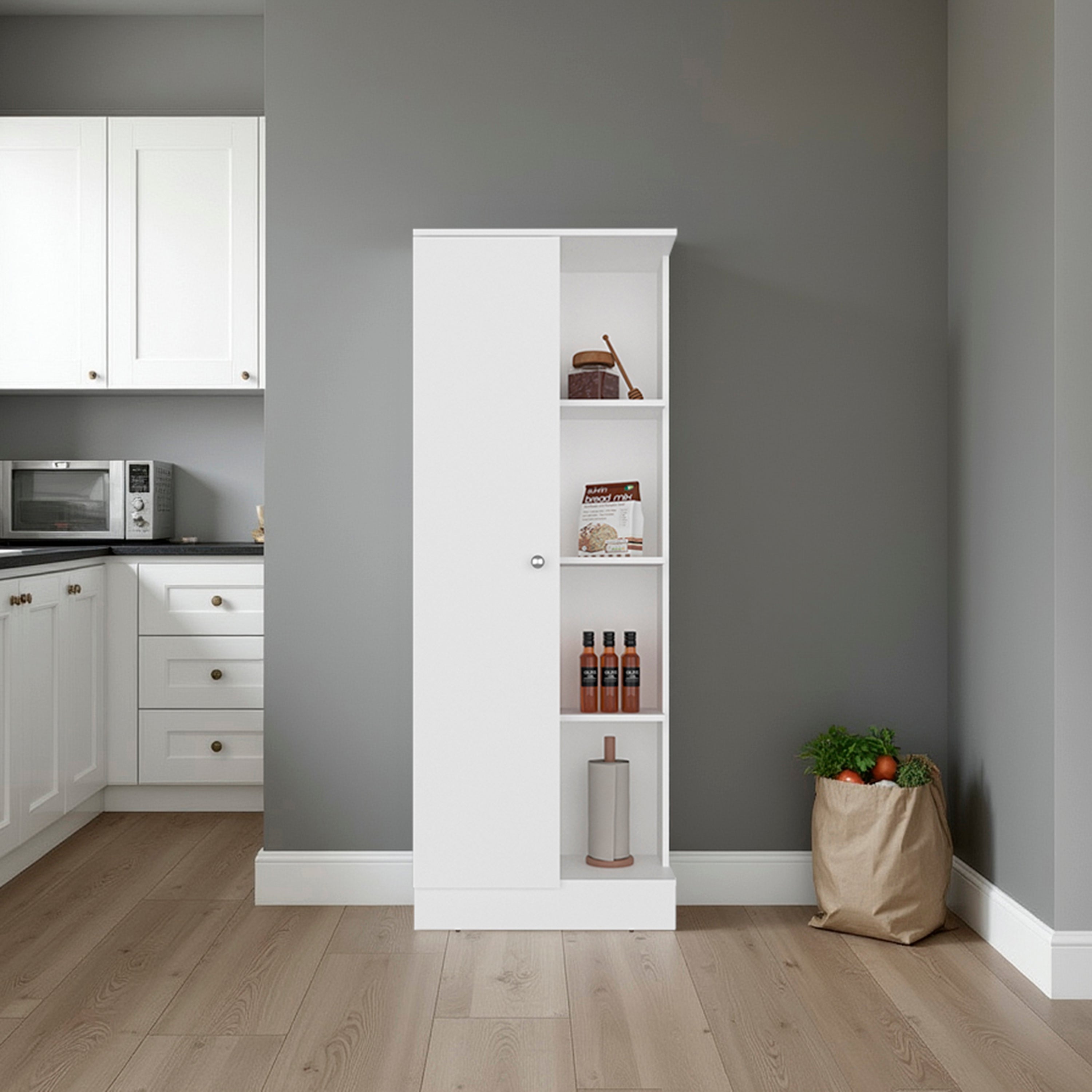 Ayora Multistorage Pantry with 4 Open Storage Shelves and a Single Door Cabinet for Hidden Storage, Multipurpose Organization Pantry for Kitchen, Linen or Laundry