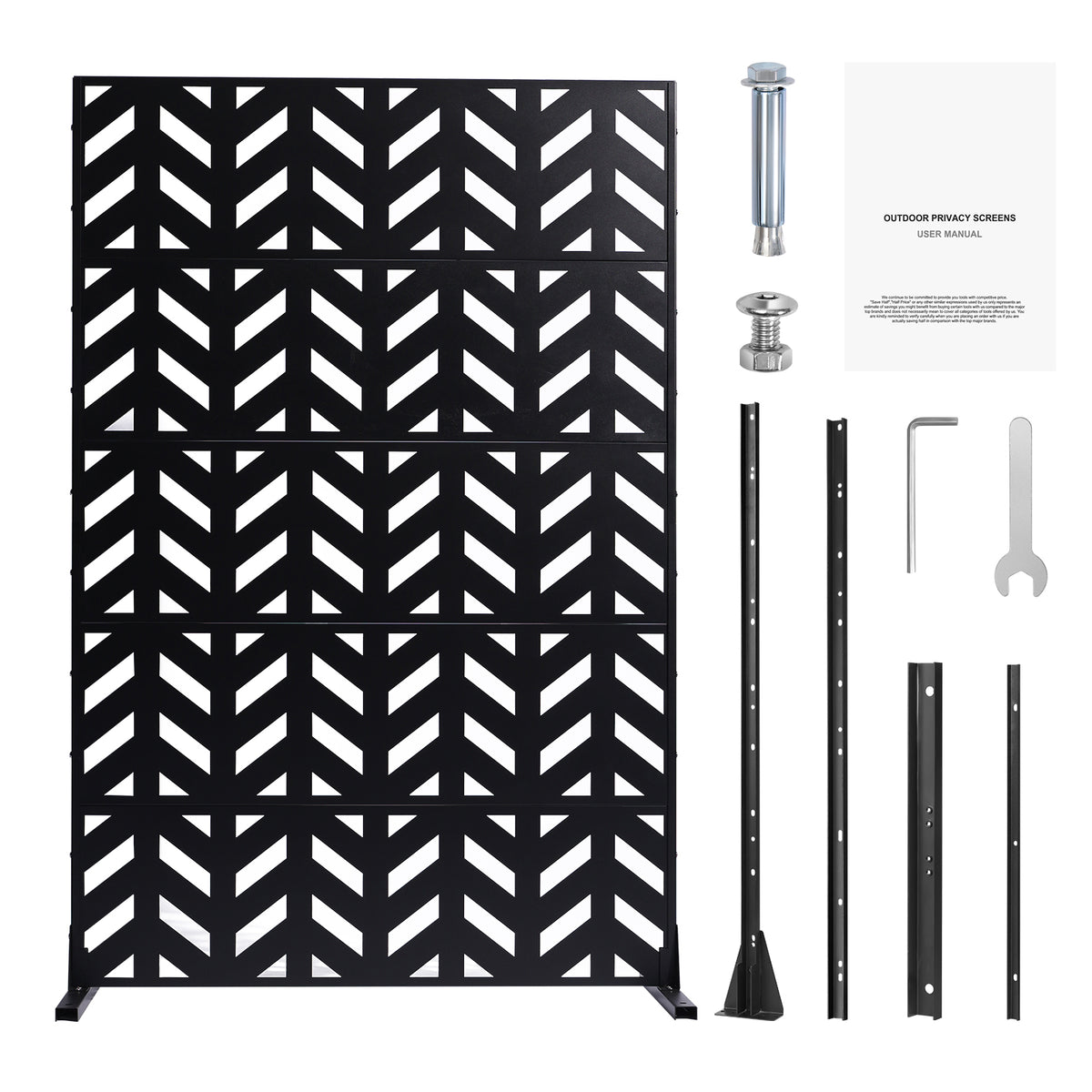 Metal Privacy Screen, 47' W x 72' H, Outdoor Privacy Screens 5-Panel, Freestanding Outdoor Divider with Stand, Decorative Garden Steel Privacy Fence for Balcony Patio Indoor Room Black
