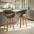 Curvini 26' Mid-Century Modern Fixed-Height Counter Stool with Swivel in Walnut Wood and Charcoal Fabric with Round Chrome Metal Footrest by LumiSource - Set of 2