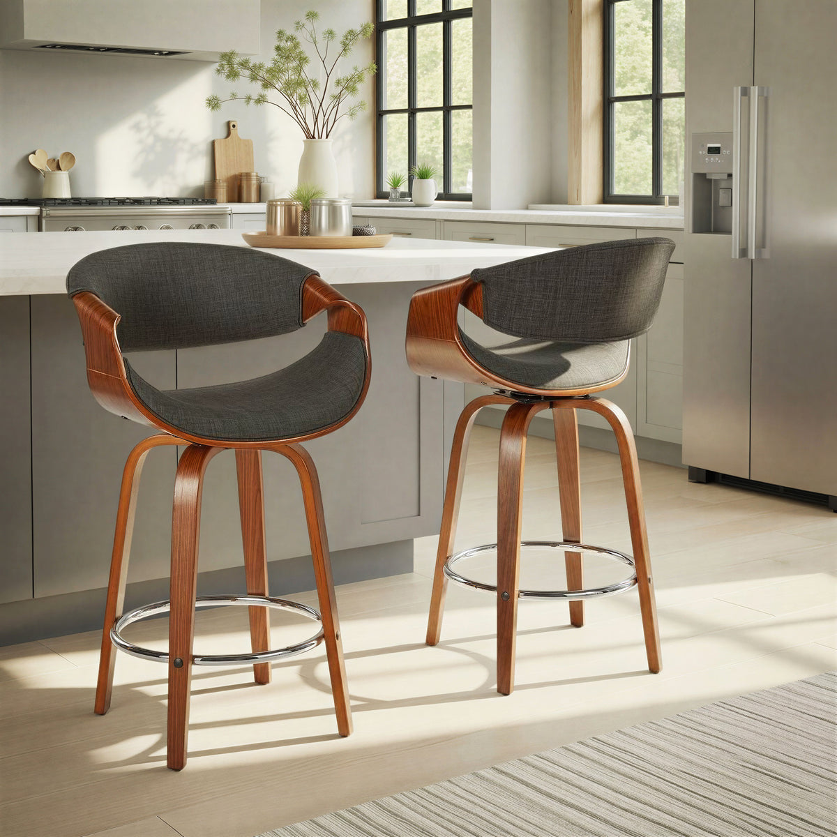 Curvini 26' Mid-Century Modern Fixed-Height Counter Stool with Swivel in Walnut Wood and Charcoal Fabric with Round Chrome Metal Footrest by LumiSource - Set of 2