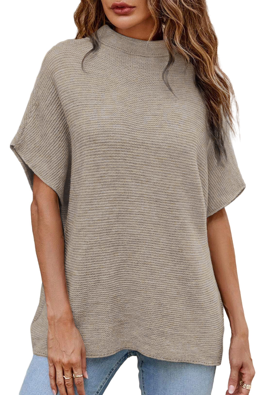 Coffee Mock Neck Short Batwing Sleeve Sweater - Eloy Royal