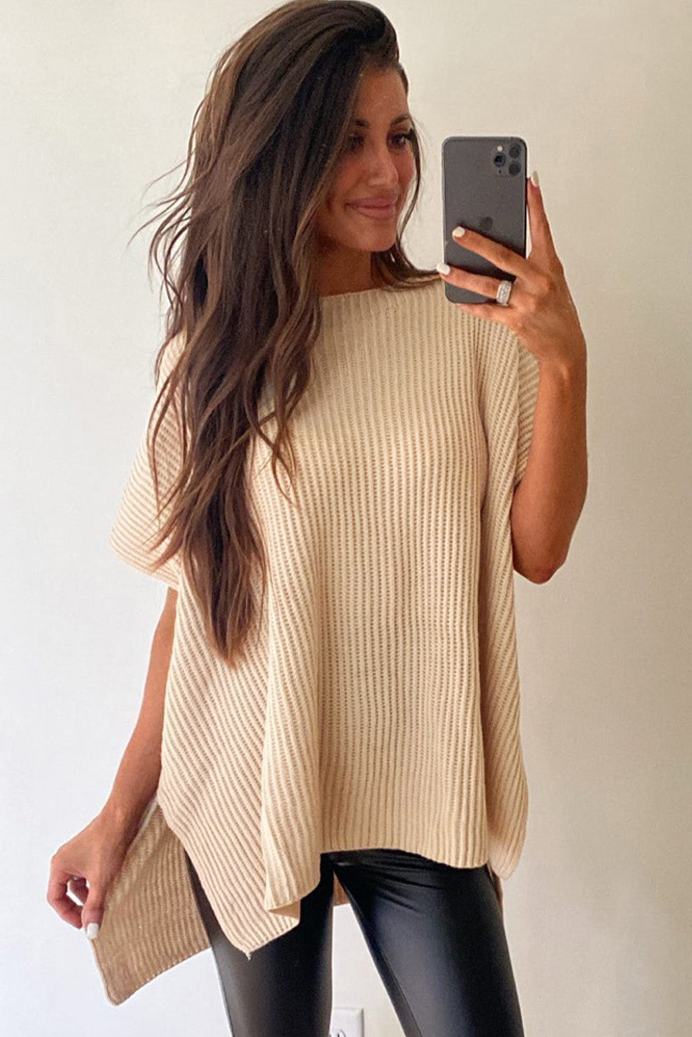 Wholesale Apricot Side Slit Short Sleeve Oversized Sweater - Eloy Royal