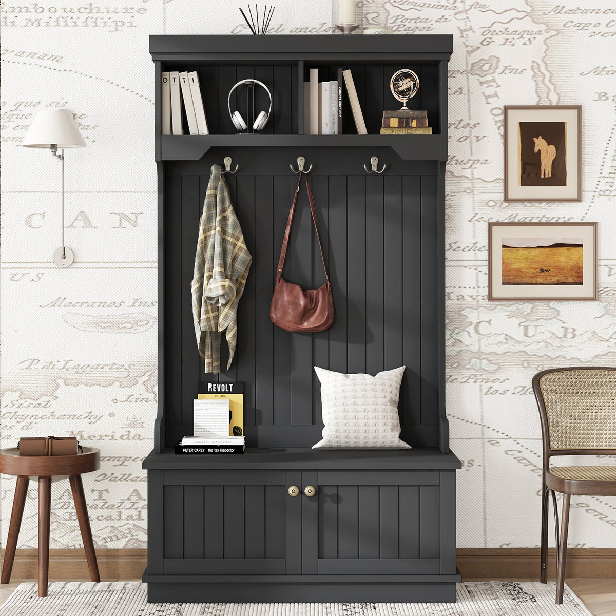 Hall Tree with Storage Shoe Bench for Entryway and Hallway, 4-in-1 Design Coat Racks with Hooks for Living Room, Black