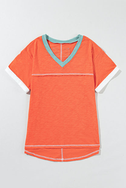 Grapefruit Orange Contrast Trim Exposed Seam V Neck T Shirt - Eloy Royal