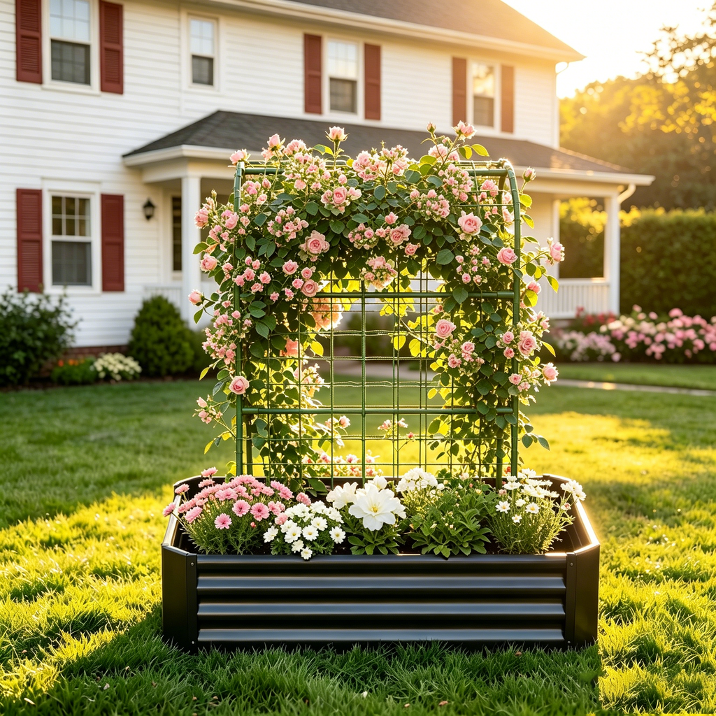 2-in-1 Raised Garden Bed with Trellis - 59' Tall Arch Planter Box for Climbing Plants, Outdoor Galvanized Metal Gardening Bed for Vegetables, Fruits, Flowers (Black, 4x2x1 Ft)