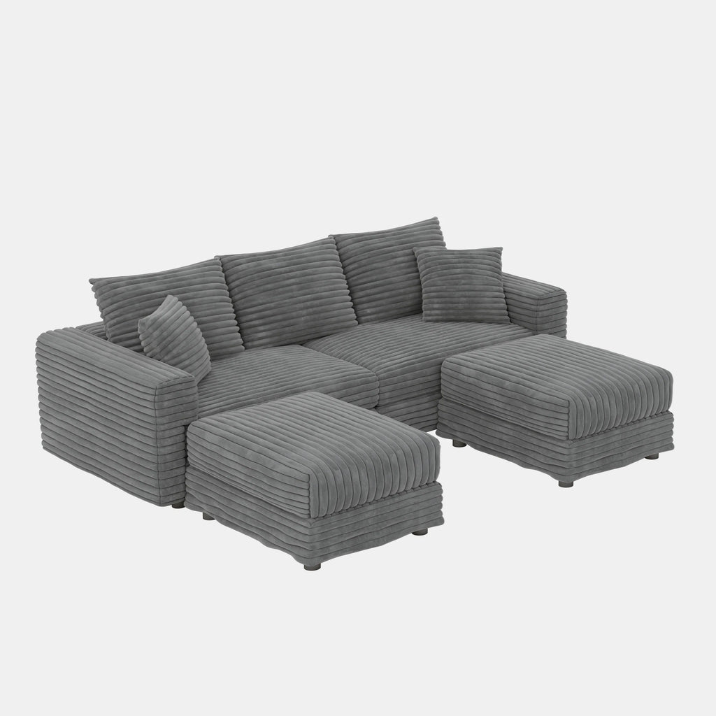 82.7 'Plush Corduroy 3-Seat Sofa,Modern Comfy Upholstered Sofa Cloud Couch,Deep Seat Couches with Soft Pillows and 2 Ottomans,Convertible Sofa Lounge Chair,for Living Room,Apartment,Office,Grey - Eloy Royal