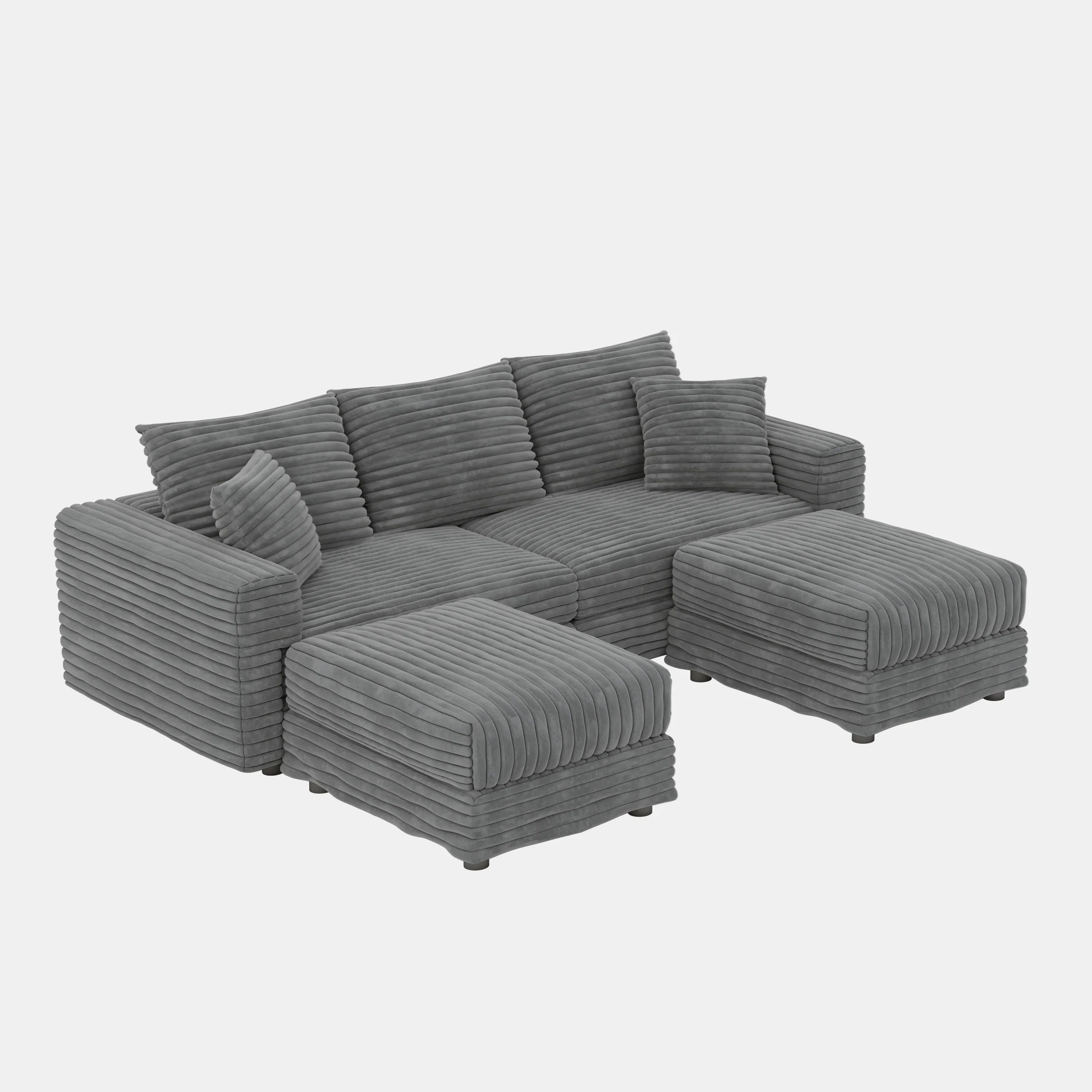 82.7 'Plush Corduroy 3-Seat Sofa,Modern Comfy Upholstered Sofa Cloud Couch,Deep Seat Couches with Soft Pillows and 2 Ottomans,Convertible Sofa Lounge Chair,for Living Room,Apartment,Office,Grey - Eloy Royal