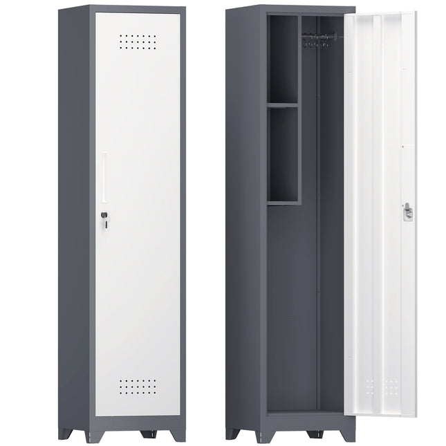 Metal Broom Storage Cabinet, 65' Narrow Slim Utility Cabinet with Hooks and Shelves, White Finish, Heavy-Duty Steel Construction for Bathroom, Garage, Laundry Room, Gym, Office