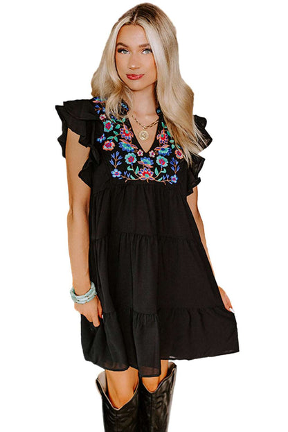 Black Floral Embroidered Frill Neck Ruffle Babydoll Tiered Dress